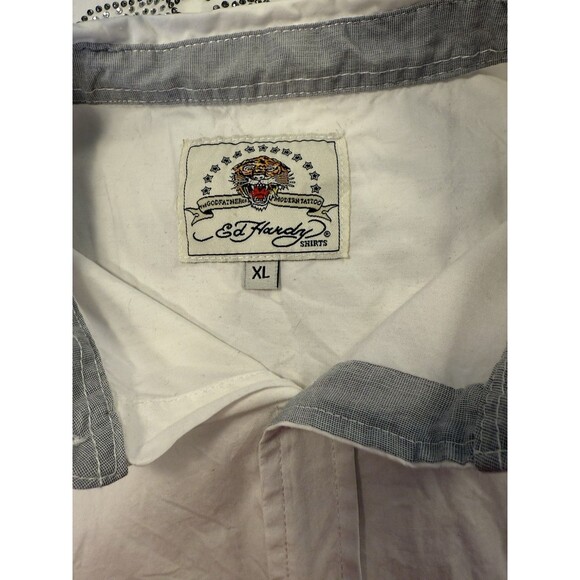 Vtg Y2K Ed Hardy Button Down Rhinestone Shirt Mens Sz XL Skull Anchor - Picture 3 of 6